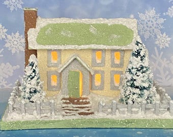 ORIGINAL size Yellow and Green Putz House - Glitter House - Christmas Village - Putz Glitter House - Handmade Putz - Handcrafted