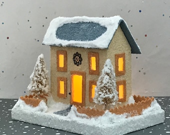 ORIGINAL Ivory and Grey Putz House / Glitter House / Christmas Village / Putz House / Handmade Putz / Vintage Style / Handcrafted Putz /Gift