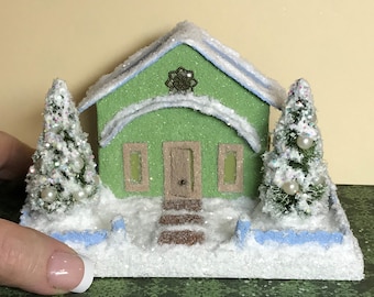 MINI Green and Blue Putz House / Glitter House / Christmas Village / Putz House / Handmade Putz / Vintage Style / Handcrafted Putz