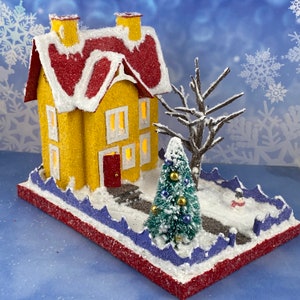 ORIGINAL size Yellow and Red Winter Putz House Glitter House Christmas Village Putz Glitter House Handmade Putz image 4