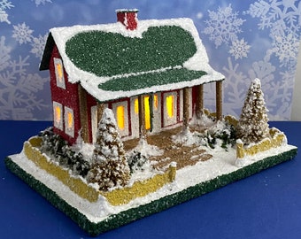ORIGINAL Red and Green Putz House - Little Glitter House - Christmas Village - Putz House - Handmade Putz - Handcrafted - Gift