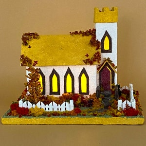 ORIGINAL size White and Yellow Autumn Putz Church Glitter Church Putz Glitter House Handmade Putz Handcrafted Putz Autumn image 8