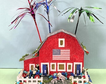 ORIGINAL size Summer Fourth of July Putz Barn - Summer Putz Barn - Handmade Putz - Handcrafted Putz - Independence Day Glitter House