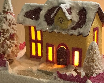 ORIGINAL size Yellow and Pink Putz House / Glitter House / Christmas Village / Putz Glitter House / Handmade Putz / Handcrafted