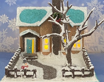ORIGINAL size Light Brown and Aqua Winter Putz House - Winter Putz - Putz Glitter House - Handmade Putz - Handcrafted