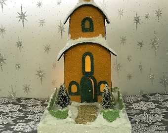 ORIGINAL Pumpkin and GreenTwo-Tiered Putz House - Glitter House - Christmas Village - Putz House - cardboard house - Gift