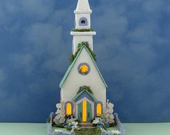 ORIGINAL size, Handcrafted White and Mint Green Spring Church - Village Decor