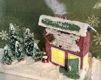 ORIGINAL Dicken's Christmas Tree Lot - Glitter House - Christmas Village - Putz - Handcrafted/Glitter House - Tree Farm - Tree Lot