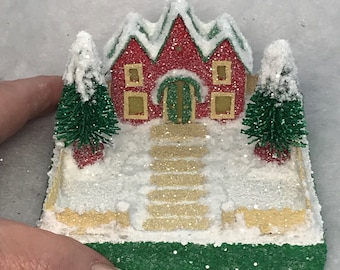 TINY MINI Red and Green Putz House / Glitter House / Christmas Village / Putz House / Handmade Putz /Vintage Style /Handcrafted Putz / Gift