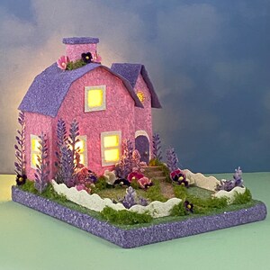 ORIGINAL Pink and Purple Easter Putz House Spring Putz Putz Glitter House Handmade Putz Handcrafted afbeelding 4