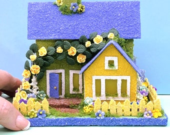 ORIGINAL Moss Green and Periwinkle Summer Putz House - Summer Putz House - Handmade Putz - Handcrafted Putz - Summer Glitter House