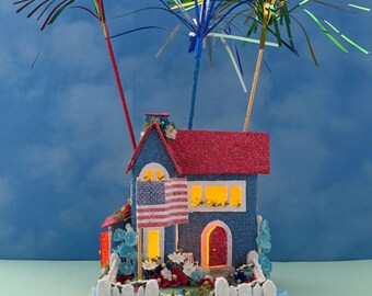 ORIGINAL size Summer Fourth of July Putz House - Handcrafted - Independence Day Glitter House