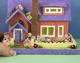 ORIGINAL Coral and Purple Easter Putz House - Spring Putz - Putz Glitter House - Handmade Putz - Handcrafted