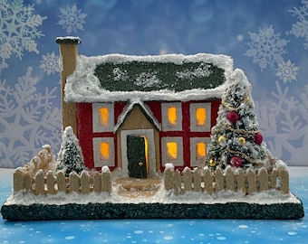 ORIGINAL size Red and Green Putz House - Glitter House - Christmas Village - Putz Glitter House - Handmade Putz - Handcrafted