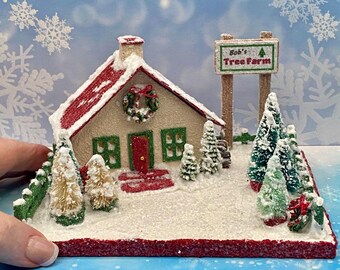 MINI size "Bob's Tree Farm" - Glitter House - Christmas Village - Putz - Handcrafted - Glitter House - Tree Farm - Tree Lot