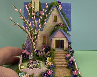 ORIGINAL size Ivory and Periwinkle Spring Putz House - Spring Putz - Putz Glitter House - Handmade Putz - Handcrafted