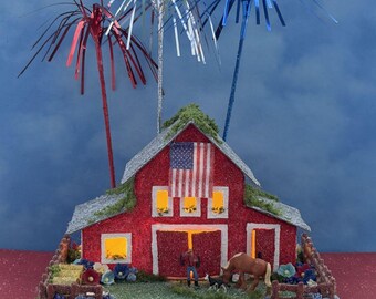 ORIGINAL size Fourth of July Barn - Summer Putz Barn - Handmade Putz - Independence Day