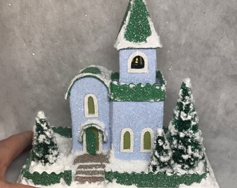 ORIGINAL Blue and Green Putz Church - Glitter House - Christmas Village - Handmade Putz / Vintage Style /Handcrafted Putz / Gift