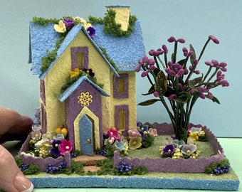 ORIGINAL size Yellow and Blue Spring Putz House - Spring Putz - Putz Glitter House - Handmade Putz - Handcrafted