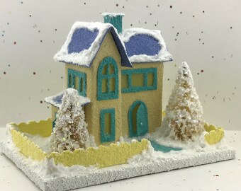 ORIGINAL size Yellow and Blue Putz House / Glitter House / Christmas Village / Putz Glitter House / Handmade Putz / Handcrafted