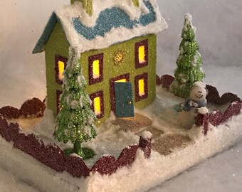 MINI size Lime Green and Blue Putz House / Glitter House / Christmas Village / Putz House / Handmade Putz / Handcrafted Putz