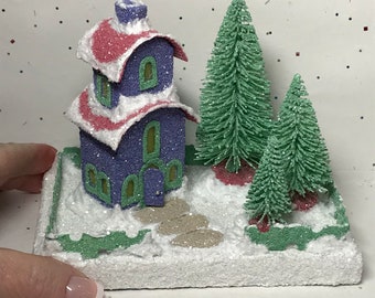 MINI size Periwinkle and Coral Red Putz House - Glitter House - Christmas Village - Putz House - Cardboard House - Christmas - Gift