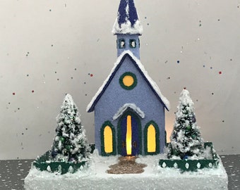 MINI Lilac and Purple Putz Church/ Glitter House / Christmas Village / Putz House / Handmade Putz / Vintage Style /Handcrafted Putz / Gift