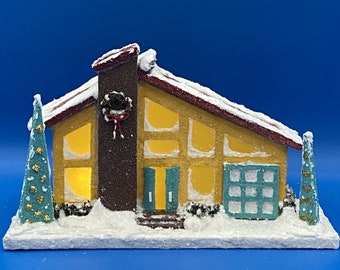 ORIGINAL size Goldenrod Yellow and Dark Red Mid-century Putz House - Christmas Village - Putz Glitter House - Handmade Putz - Handcrafted