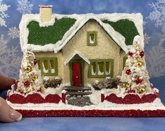 ORIGINAL Cream and Green Putz House - Glitter House - Christmas Village -  Putz Glitter House - Handmade Putz