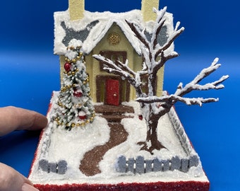 Tamaño ORIGINAL Amarillo y Gris Putz House - Glitter House - Christmas Village - Putz Glitter House - Putz hecho a mano