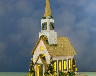 ORIGINAL White and Yellow Spring/Easter Church - Spring Putz - Putz Glitter Church - Handmade Putz - Handcrafted