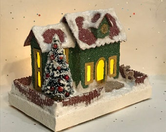 ORIGINAL size Dark Green and Cranberry Red Putz House - Glitter House - Christmas Village - Putz - cardboard house - Christmas