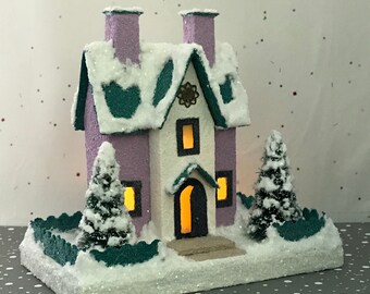 ORIGINAL Lilac and Teal Putz House / Glitter House / Christmas Village / Putz House / Handmade Putz / Vintage Style / Handcrafted Putz /Gift