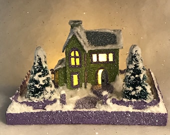 TINY MINI Green and Grey Putz House / Glitter House / Christmas Village / Putz House / Handmade Putz /Vintage Style /Handcrafted Putz / Gift