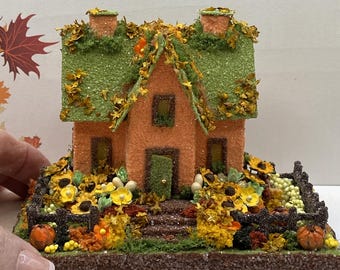 MINI size Orange and Green Autumn Thanksgiving Putz House - Glitter House - Putz House - Handcrafted Putz - Autumn - Thanksgiving