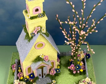 ORIGINAL size Yellow and Periwinkle Easter Church - Spring Putz - Putz Glitter Church - Handmade Putz - Handcrafted