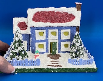 ORIGINAL Periwinkle and Red Putz House - Glitter House - Christmas Village -  Putz Glitter House - Handmade Putz