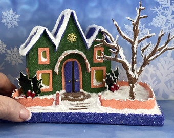 ORIGINAL size Green and Periwinkle Putz House - Little Glitter House - Christmas Village - Putz House - Handmade Putz - Handcrafted - Gift