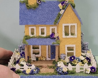 ORIGINAL size Yellow and Periwinkle Summer Putz House - Summer Putz House - Handmade Putz - Handcrafted Putz - Summer Glitter House