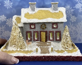 ORIGINAL size Gray and Yellow Putz House - Glitter House - Christmas Village - Putz Glitter House - Handmade Putz - Handcrafted