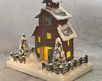 ORIGINAL Red and Grey Christmas Barn / Glitter House / Christmas Village / Putz House / Handmade Putz / Vintage Style / Handcrafted Putz
