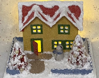 ORIGINAL Yellow and Coral Putz House - Christmas Village - Putz House - Handmade Putz - Handcrafted - Gift