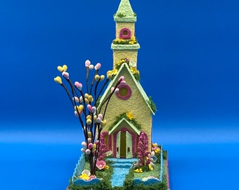 ORIGINAL size Yellow and Green Easter Church - Spring Putz - Putz Glitter Church - Handmade Putz - Handcrafted