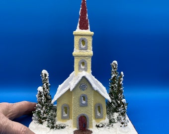 ORIGINAL Yellow and Gray Putz Church - Christmas Village - Handmade Putz - Handcrafted Putz - Gift
