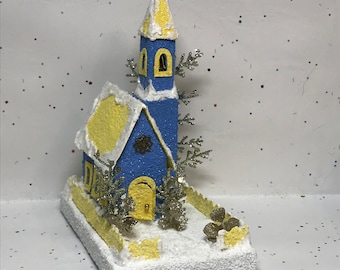 MINI Blue and Yellow Putz Church - Glitter House - Christmas Village - Putz House - Handmade Putz - Handcrafted Putz - Gift