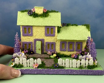 ORIGINAL Yellow and Green Easter Putz House - Spring Putz - Putz Glitter House - Handmade Putz - Handcrafted