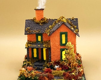 Tamaño ORIGINAL Naranja y Marrón Otoño Putz House - Glitter House - Putz Glitter House - Putz hecho a mano - Putz hecho a mano - Otoño