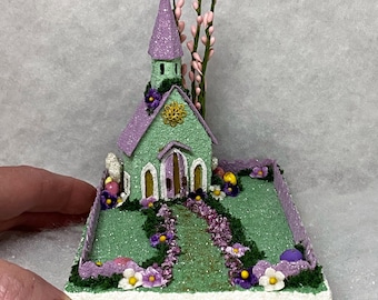 TINY MINI Easter Putz Church - Spring Putz Church - Putz Glitter House - Handcrafted - Easter