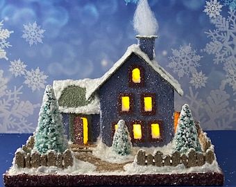 ORIGINAL Blue and Green House - Little Glitter House - Christmas Village - Putz House - Handmade Putz - Handcrafted - Gift