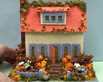 ORIGINAL size Ivory and Orange Autumn Thanksgiving Putz House - Glitter House - Handcrafted Putz - Autumn - Thanksgiving
